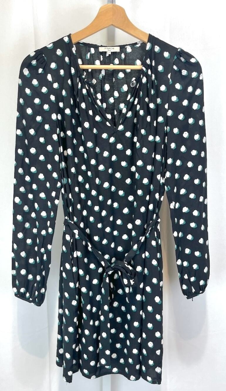 FRNCH Printed Tie Waist Long Sleeve Dress Keyhole Button Cloud Dot Black Size XS